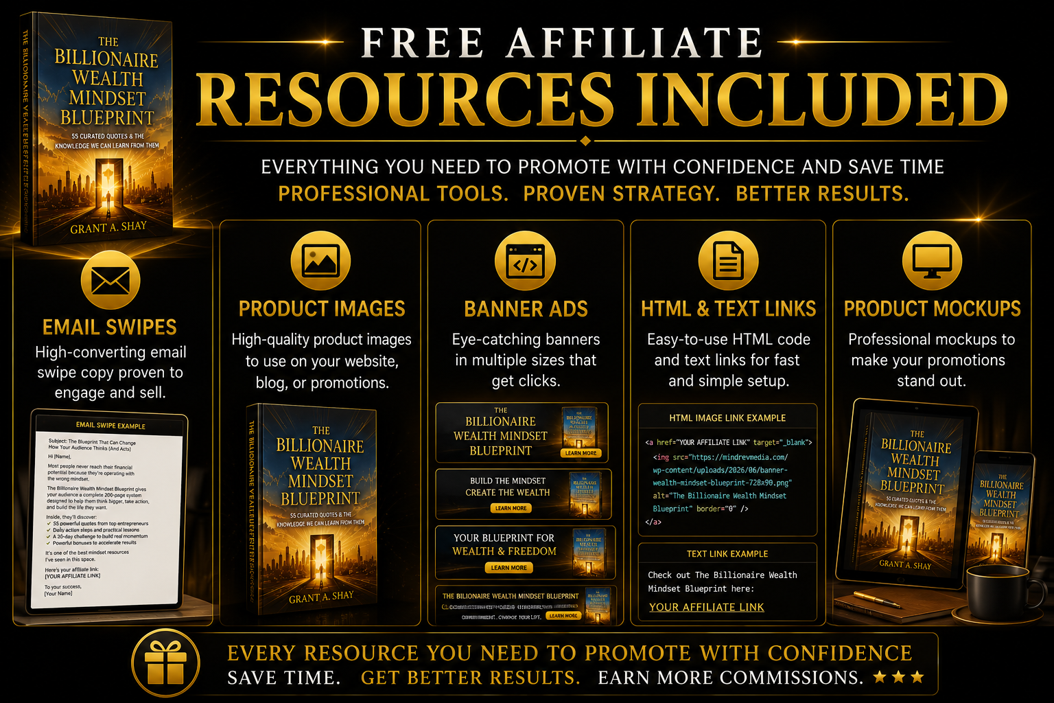 Free affiliate sales resources including email swipes, product images, banner ads, HTML links, text links, and product mockups