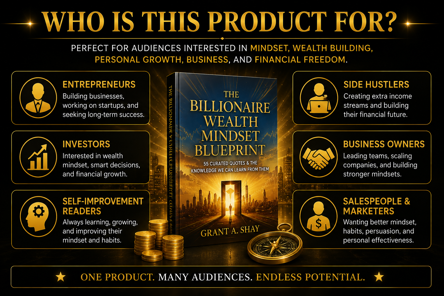 Who this affiliate product is for including entrepreneurs, side hustlers, investors, business owners, salespeople, and personal development readers
